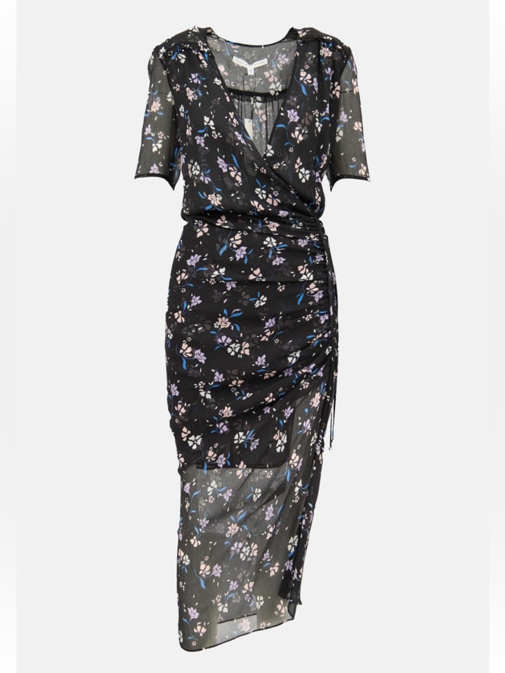 VERONICA BEARD WOMENS MARIPOSA FLORAL RUCHED MIDI DRESS, SIZE US 2 (XS-S), BLACK